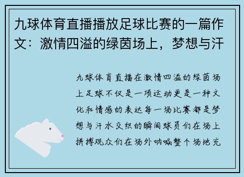 九球体育直播播放足球比赛的一篇作文：激情四溢的绿茵场上，梦想与汗水交织的瞬间