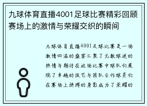 九球体育直播4001足球比赛精彩回顾赛场上的激情与荣耀交织的瞬间